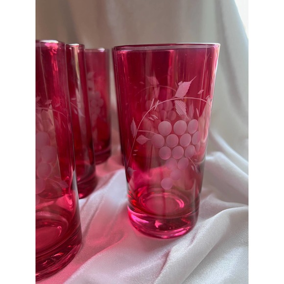 Vintage Ruby Glass Etched Beverage Tumblers